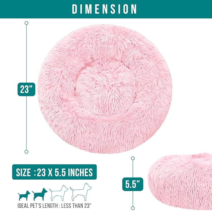 PetAmi Calming Dog Bed for Small Medium Dog Cat, Round Donut Dog Bed Washable, Fluffy Faux Fur Plush Cuddler Pet Kitten Cushion Bed, Anti-Slip, Fits up to 25 lbs, 23 inch, Pink