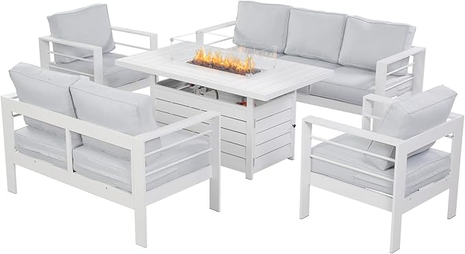 Wisteria Lane Aluminum Patio Furniture Set, 7 Seats Metal Outdoor Furniture Set with CSA Certified 54in Propane Gas Fire Pit Table, Patio Conversation Set with 5in Olefin Cover Cushions (White)