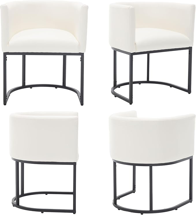 Faux Leather Dining Chairs Set of 2 Modern Barrel Arm Chairs with Black Metal Frame, Upholstered Kitchen Chairs 18.5" Wide Accent Chairs for Living Room Dining Room Restaurant, White