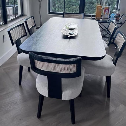 Rattan Dining Chairs Set of 2, Modern Dining Chairs Kitchen Dining Room Chair, Curved Cane Back Upholstered Linen Fabric Dining Chair with Black Wood Frame, Beige