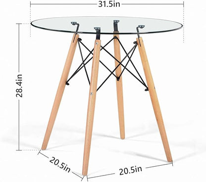 31.5 Inch Small Round Dining Table for 4 People Kitchen Home Modern Leisure Wood Legs Table Glass