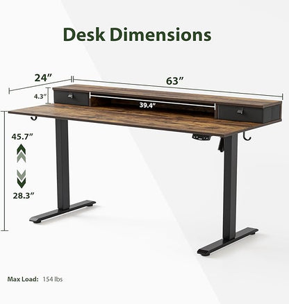 Agilestic 63 x 24 Inches Height Adjustable Electric Standing Desk with 2 Drawers, Stand Up Electric Desk Adjustable Height, Sit Stand Computer Gaming Table with Splice Board, Rustic Brown