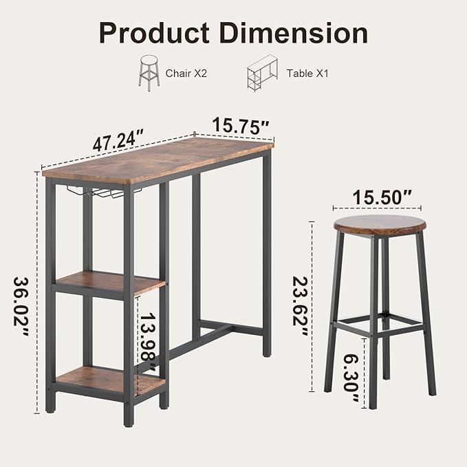 3-Piece Bar Table Set for 2, Bar Height Table with Stools & 2 Storage Shelves, Small Bar Table Set with Glass Rack, Small Kitchen Table for Dining Room, Living Room, Rustic Brown