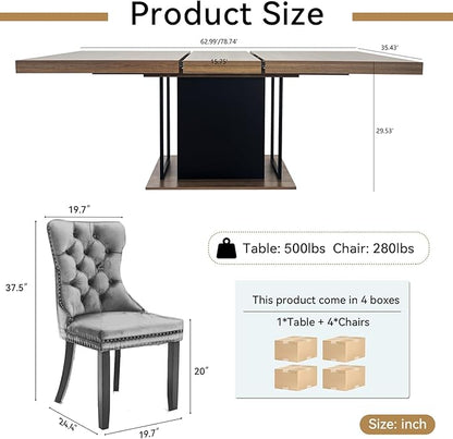 Goujxcy 78.7" Farmhouse Extendable Dining Room Table Set for 4, 5-Piece Rectangle Kitchen Dining Room Table Set with Wood Base and 4 Orange Velvet Dining Chairs, Extending Kitchen & Dining Table Set
