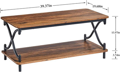 VECELO 39-Inch Coffee Table with Storage and Open Shelves for Living Dining Room, Modern Rectangle & Industrial Design, X-Shape Frame, Brown