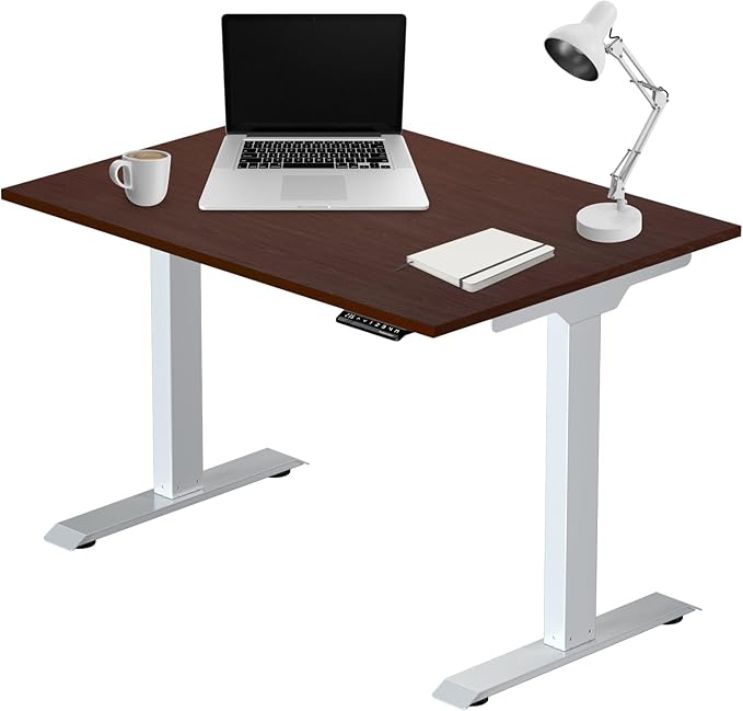Progressive Desk Stand Up Electric Standing Desk, Compact Home Office Table, White Frame and Dark Cherry MDF Tabletop Prime Ryzer 42" x 24"