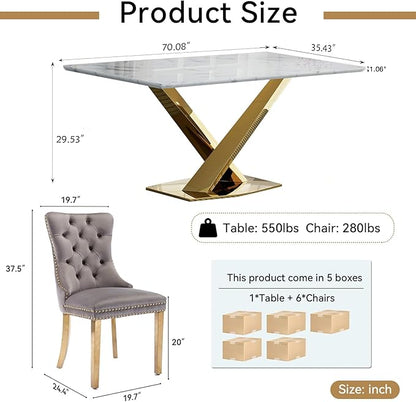 70" Faux Marble Dining Table Set for 6, 7-Piece Dining Set with White Gold Kitchen Table and 6 Velvet Tufted Chairs, Modern Rectangular Dining Room Table with X-Shape Stainless Steel Base