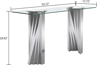 Goujxcy Modern Glass Console Table 55" Entryway Table with Tempered Glass Top and Mirror Finish Stainless Steel Legs, Luxury Rectangular Sofa Table for Living Room Hallway Corridor Table (Silver)