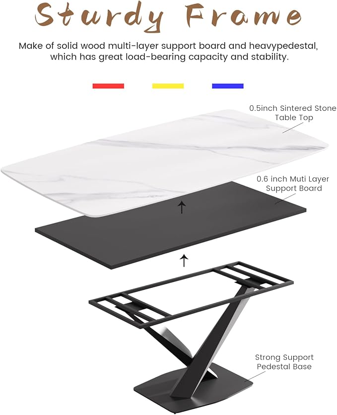 Modern Rectangle Marble Dining Table for 6,63" White Marble Sintered Stone Top Dining Table,Rectangle Dining Room Table with X-Shape Carbon Steel Pedestal for Kitchen/Living Room(Table Only)