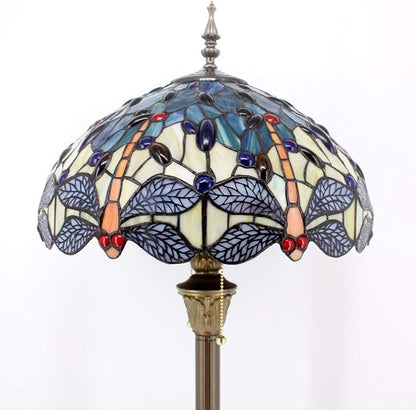 WERFACTORY Tiffany Floor Lamp Blue Yellow Stained Glass Dragonfly Standing Reading Light 16X16X64 Inches Antique Pole Corner Lamp Decor Bedroom Living Room Home Office S128 Series