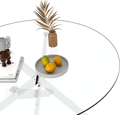 Goujxcy 5 Piece Round Glass Dining Table Set for 4, 47" Round Dining Table & Chair Set Modern Circle Glass Kitchen Table and 4 Velvet Upholstered Chairs for Kitchen Dining (Silver Table & Beige Chair)