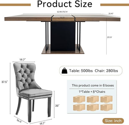 Goujxcy 78.7" Farmhouse Extendable Dining Room Table Set for 8, 9-Piece Rectangle Kitchen Dining Room Table Set with Wood Base and 8 Black Velvet Dining Chairs, Extending Kitchen & Dining Table Set