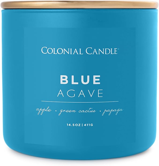 Colonial Candle Blue Agave Scented Jar Candle, Pop of Color Collection, 3 Wick, 14.5 oz - Up to 60 Hours Burn