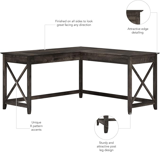 Bush Furniture Key West 60W Modern Farmhouse L Shaped Desk in Dark Gray Hickory, 60-Inch Corner Computer Table for Home Office Workspace