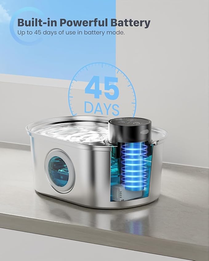 Wireless Cat Water Fountain: Battery Operated Stainless Steel Pet Fountain, Automatic Cordless Water Dispenser Indoor, Metal Faucet Bottle for Drinking, Rechargeable Dog Water Bowl with 1 Filter