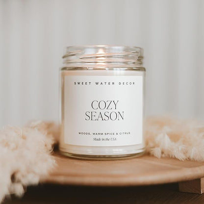 Sweet Water Decor Cozy Season Soy Candles - Fall Candles with Woods, Warm Spice, and Citrus Scent for Home Decor - Soy Candle with 40 Hours Burn Time - 9Oz Gold Lid Clear Jar Candles Fall Scents