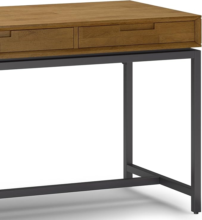SIMPLIHOME Banting Desk - 72-Inch Wide Solid Hardwood and Metal Writing Desk in Medium Saddle Brown, Modern Industrial Home Office Computer Table for Study with 2 Drawers and Flip-Down Keyboard Tray