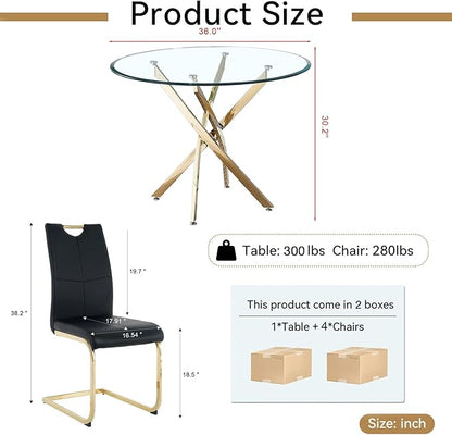 Goujxcy 5 Pieces Round Dining Table Set for 4, Modern Gold Glass Kitchen Table and Chairs for 4 with Upholstered Chairs, Circle Coffee Dining Table Set for Small Space,Apartment,Office