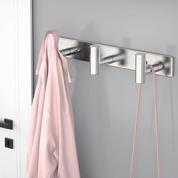 VAEHOLD Silvery Hat and Coat Wall Mount Rack - 3 Hooks for Robes, Bags, Keys, and Towels - Bathroom Towel Hanger Organizer (2 Pack)