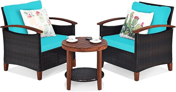 Tangkula 3 Pieces Patio Furniture Set, Outdoor Rattan Sofa and Side Table w/Solid Acacia Wood Frame, High Load Bearing Conversation Bistro Set w/Washable and Removable Cushions (Turquoise)