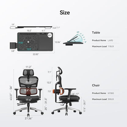Newtral Ergonomic Office Chair with Fully Adaptive Lumbar Support, 136°Tilt Function, Computer Desk Chair with Soft 4D Armrest, Adjustable Headrest (Supreme with Laptop Tray, Black)