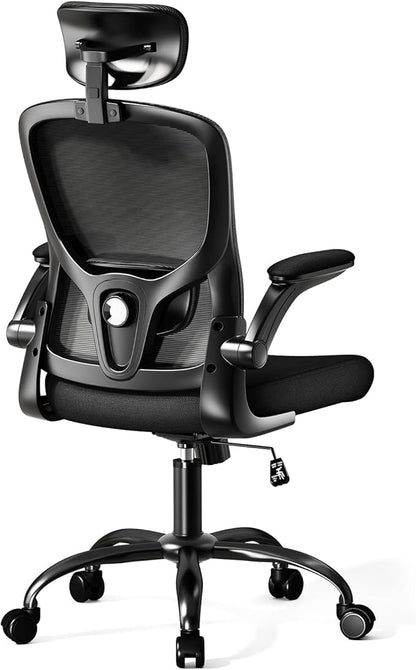 Ergonomic Office Chair - Adjustable Lumbar Support and Headrest, High Back Desk Chair with Flip-Up Arms for Home Office, 90-120° Tilt & Swivel Rolling Task Chair (Black)