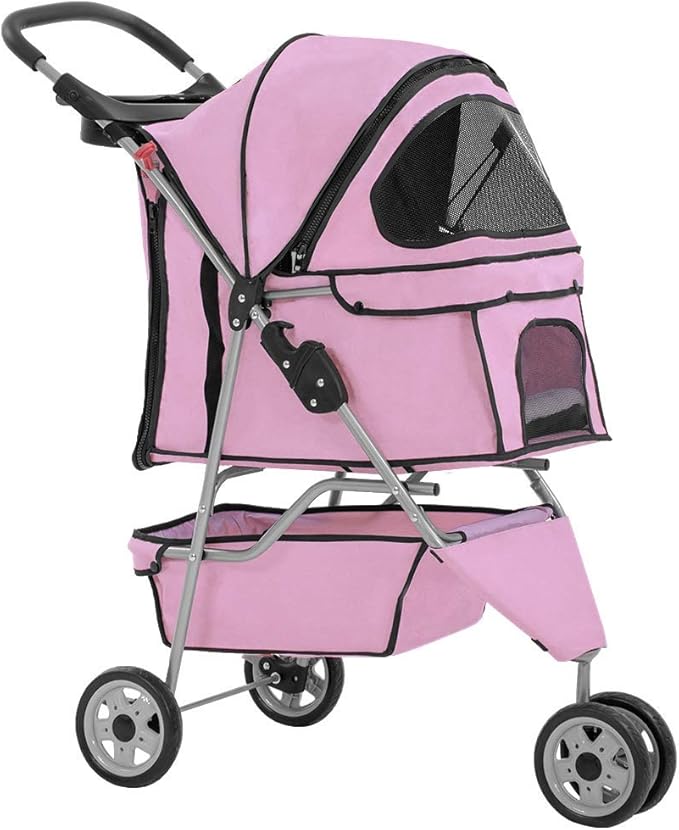 BestPet 3 Wheels Pet Dog Stroller Cat Cage for Medium Small Dogs Cats Travel Folding Carrier Waterproof Puppy Stroller with Cup Holder & Removable Liner,Pink