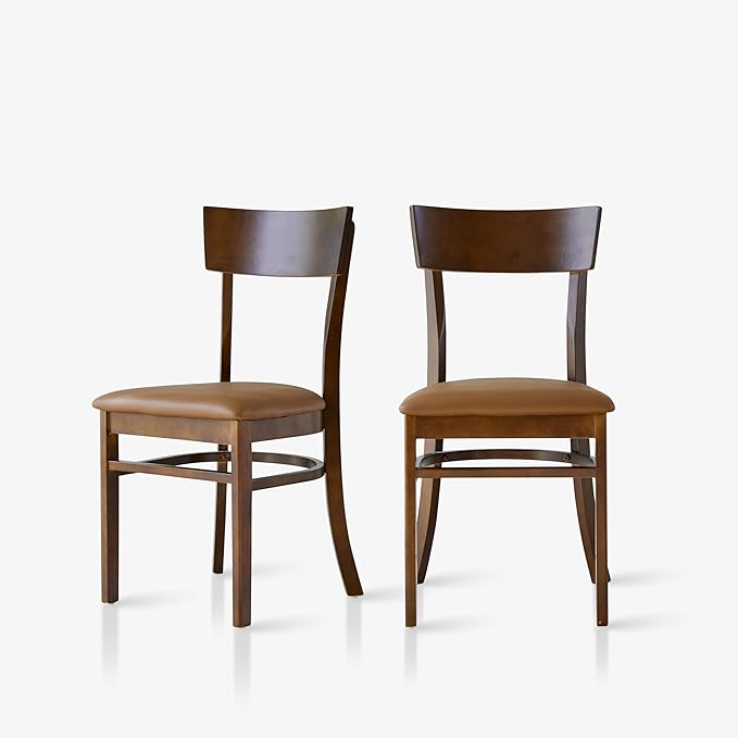 Livinia Mint Dining Chair Set of 2, Solid Malaysian Oak PU Leather Upholstered Cushion Seat, Straight Back Side Chairs (Walnut)