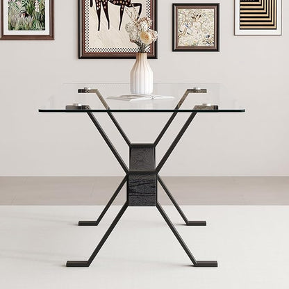 Glass Dining Table 71"｜Modern Dining Table for 6｜0.4" Thick Tempered Glass Top｜Matte Black Metal Legs｜Black Crossbar｜Easy Assembly｜Perfect for Dining Room or Kitchen