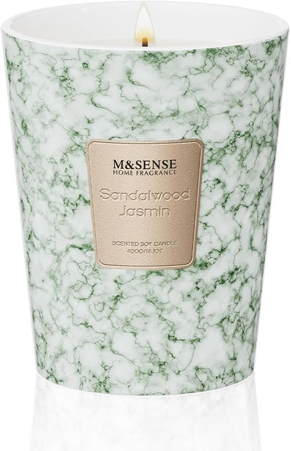M&SENSE Sandalwood Jasmin Scented Soy Candle, 3 Wick Highly Scented 14.1 Oz 80H, Aromatherapy Christmas Gift for Women and Men