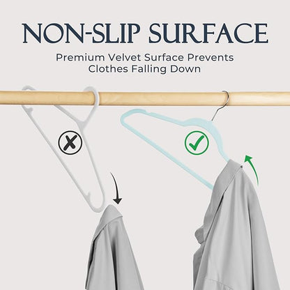 HOUSE DAY Sky Blue Velvet Hangers 60 Pack, Non Slip Clothes Felt Hanger Heavy Duty for Coat, Premium Slim Space Saving Suit Hangers for Closet Organizer, 360° Rotating Silver Hook