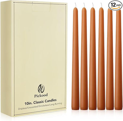 New Burning Formula Unscented Dripless 10-Inch Taper Candles Set of 12 - Burnt Orange, for Wedding, Dinner - Smokeless, Long Burning - Hand Poured, Colored Tall Candlesticks - Naranja Quemado