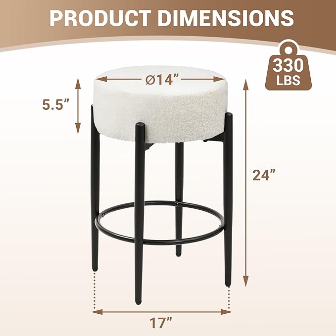 Counter Height Bar Stools, Set of 2, 24" Modern Backless Bar Stools, Ideal for Kitchen Counter, Kitchen Island, Boucle Sherpa Padded Cover, with Round Soft Seat and Foot Rest, White