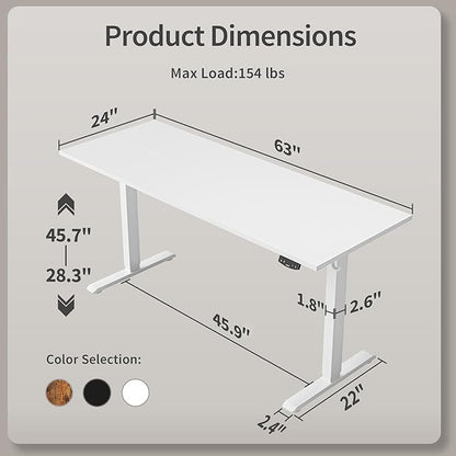 Agilestic Electric Standing Desk, Large 63 x 24 Inches Height Adjustable Desk, Sit Stand up for Work Office Home, Ergonomic Rising Computer Table with Memory Preset, White