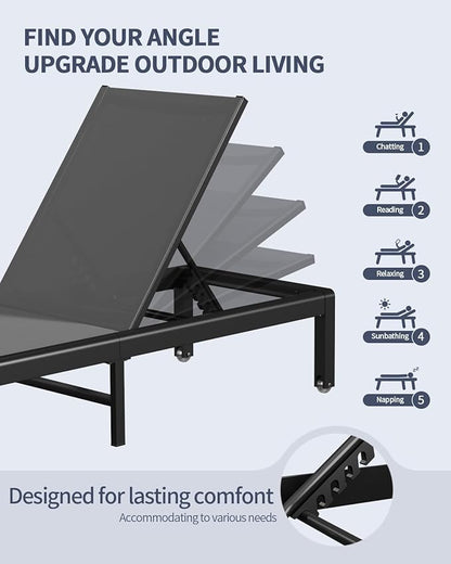 Aluminum Lounge Chairs Outdoor Chaise Furniture,2 Sets Patio Metal Deck Lounger Adjustable 5-Position Poolside Chase Recliner with Wheels for Beach,Coffee Table, (Gray, 2 Chairs + Table)