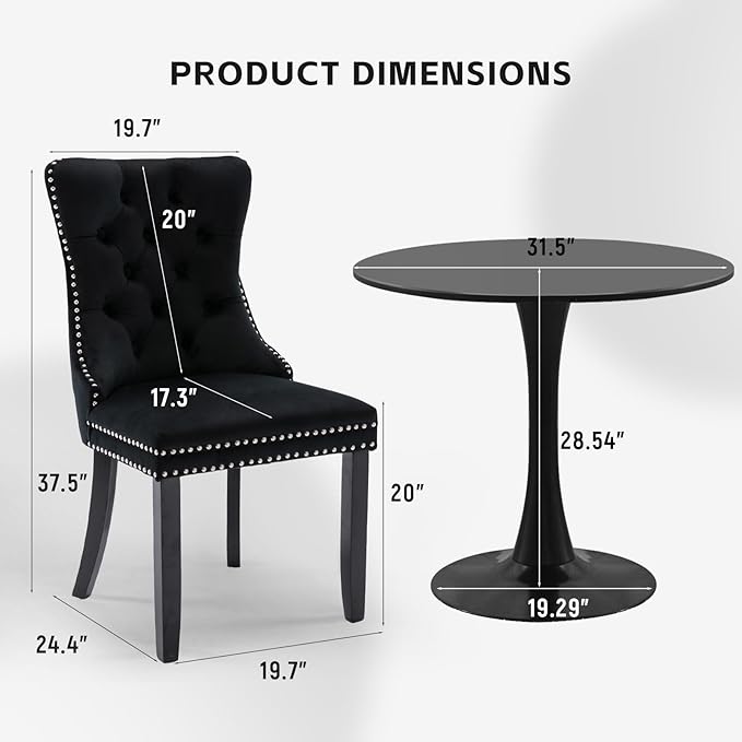 SoarFlash Kitchen Table and Chairs for 2, 31.5" Dining Table Set for 2 with Velvet Upholstered Chairs, 3 Piece Round Kitchen Table Set, Dining Room Table Set for Small Space, Apartment, Black/Black