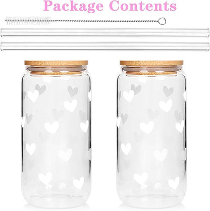 Mason Life Iced Coffee Cups, Can Shaped Glass Cups, 20 OZ Hearts Cup Beer Glass, Love Can Couple Drinking Glasses, Glass Cup with Bamboo Lids and Straws Valentines Cups Gifts- 2 Sets
