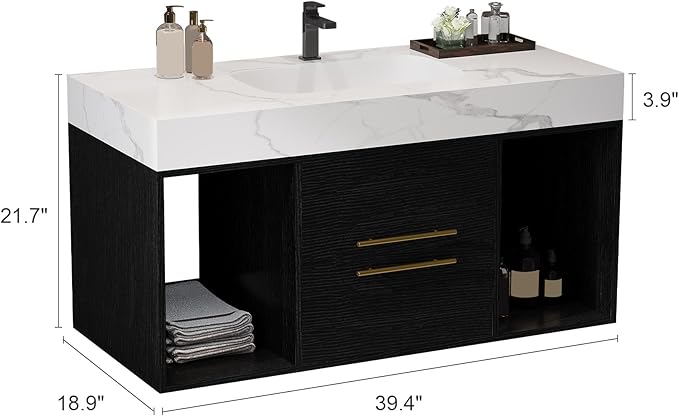 Goujxcy 39.4" Wall Mounted Bathroom Vanity with Sink, Modern Floating Bathroom Cabinet with Ceramic Sink & 2 Drawers, Wood Hanging Bath Room Cabinet with Soft-Close System (White & Black)