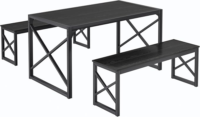 VECELO Kitchen Dining Table Benches Set for 4, 55" Wooden Dinette with 2 Benches, Heavy-Duty Dining Room Table for Small Space, Breakfast Nook, Black