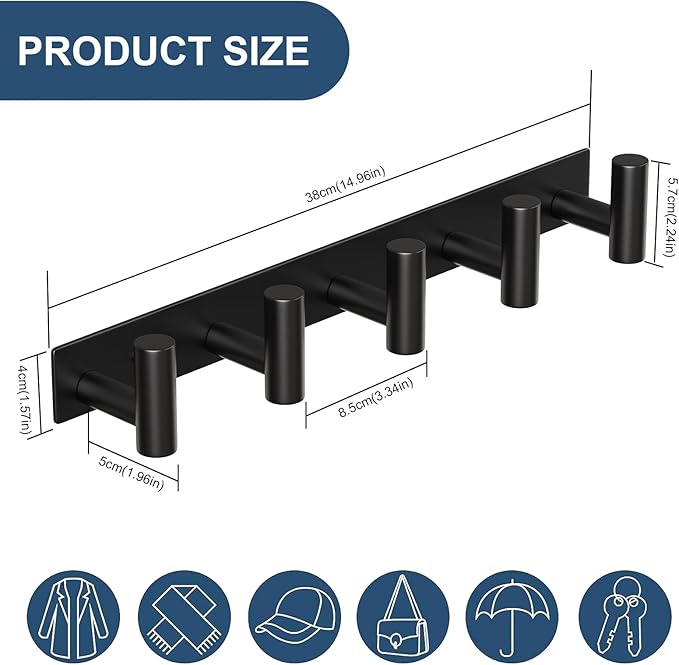 HUFEEOH Coat Hooks Wall Mount, Black T Shaped 5 Hooks Stainless Steel Wall Hooks Towel Rack for Hanging, Heavy Duty Key Holder Hat Rack Used for Bathroom Mudroom Entryway