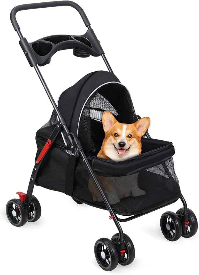 Pet Stroller,4 Wheels Outdoor Travel Pet Folding Stroller,Cat Strollers w/Removable Carrier,Dog Cat Cage Strollers with Cup Holder,Breathable and Visible Mesh for Medium Small Dog 1 Set