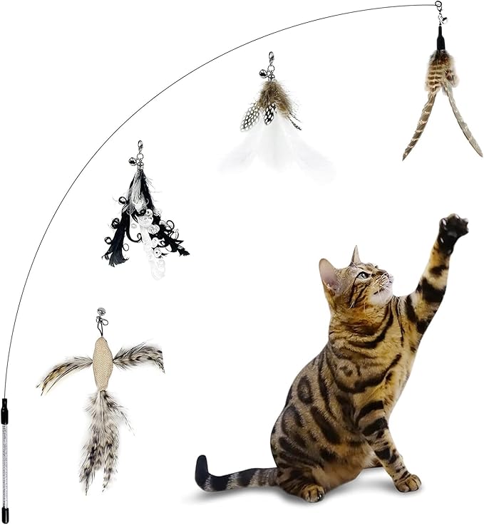 TTcat Cat Wand Toys,Interactive Bird Simulation Toy Set,Fishing Pole,35'' Flexible Steel Wire and 4Pcs Feather Refills,Teaser Toys for Indoor Cat and Kitten.
