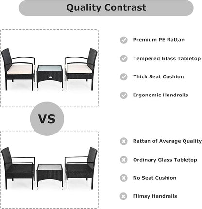 COSTWAY 3 PCS Patio Wicker Conversation Set, PE Rattan Sofa with Tempered Glass Coffee Table, 2 Chairs, 2 Cushions, Outdoor Patio Furniture Set for Yard Porch Bistro Balcony Backyard Pool, White