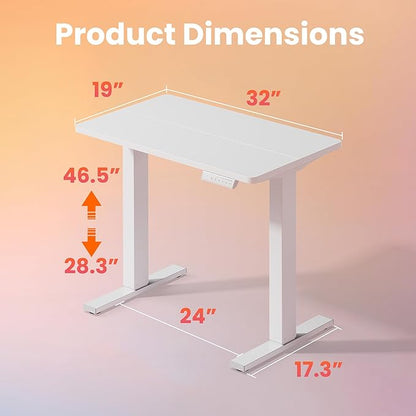 HUANUO 32" Small Electric Standing Desk Adjustable Height, 4 Memory Height Settings, Sit Stand Up Desk for Home Office & Computer Workstation, White