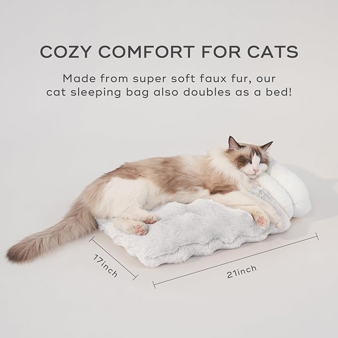 4 in 1 Cat Sleeping Bag Plush Self Warming Cat Bed Snuggle Bag Blanket Mat Cave (Small Cats Up to 15 lbs) White 21 × 17 Inch