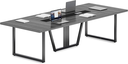 LITTLE TREE 8FT Conference Table for 10 People, Large Meeting Table, Modern Wooden Conference Room Tables with Cable Management, Business Style Training Tables with Strong Metal Legs for Office, Grey