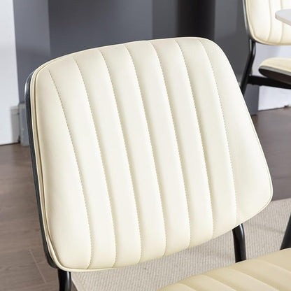 Dining Chairs Set of 2, Mid Century Modern Accent Dining Room and Kitchen Chairs, Upholstered PU Leather Vertical Stripe Chairs for Vanity with Walnut Bentwood and Metal Legs, Beige