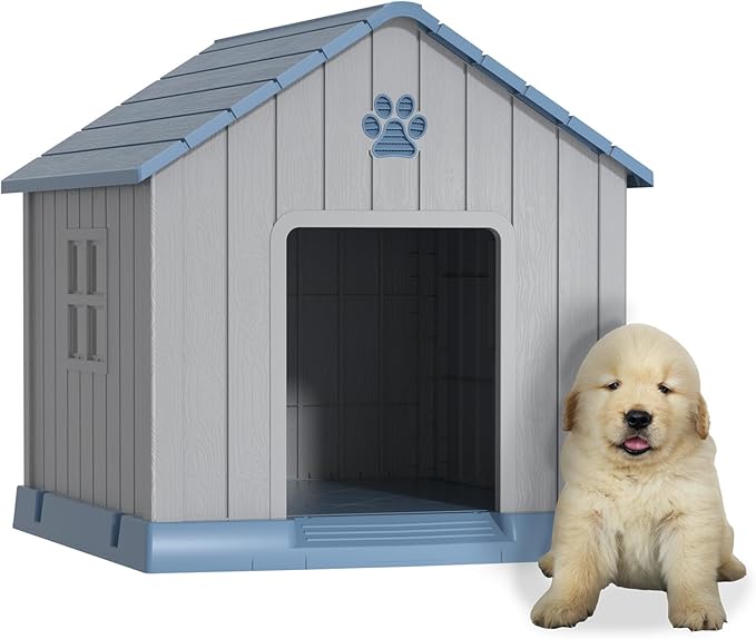 31'' Dog House Outdoor Indoor, Durable Waterproof Plastic Kennel for Small to Large Dogs, Easy Assembly with Air Vents and Elevated Floor (31.2''L x 33.5''W x 32.5''H, Blue)