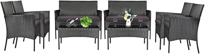 Tangkula 8 Pieces Patio Rattan Conversation Set, Outdoor Wicker Furniture Set with Tempered Glass Coffee Table &Thick Cushion, Rattan Chair Wicker Set for Garden, Lawn, Poolside and Backyard