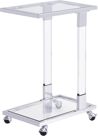 Goujxcy Clear Sofa Side Table C Shaped End Table with Wheels, Rolling Acrylic Bedside Laptop Snack Table TV Tray, Mobile Breakfast Tray Table with Tempered Glass Shelves and Clear Acrylic Frame